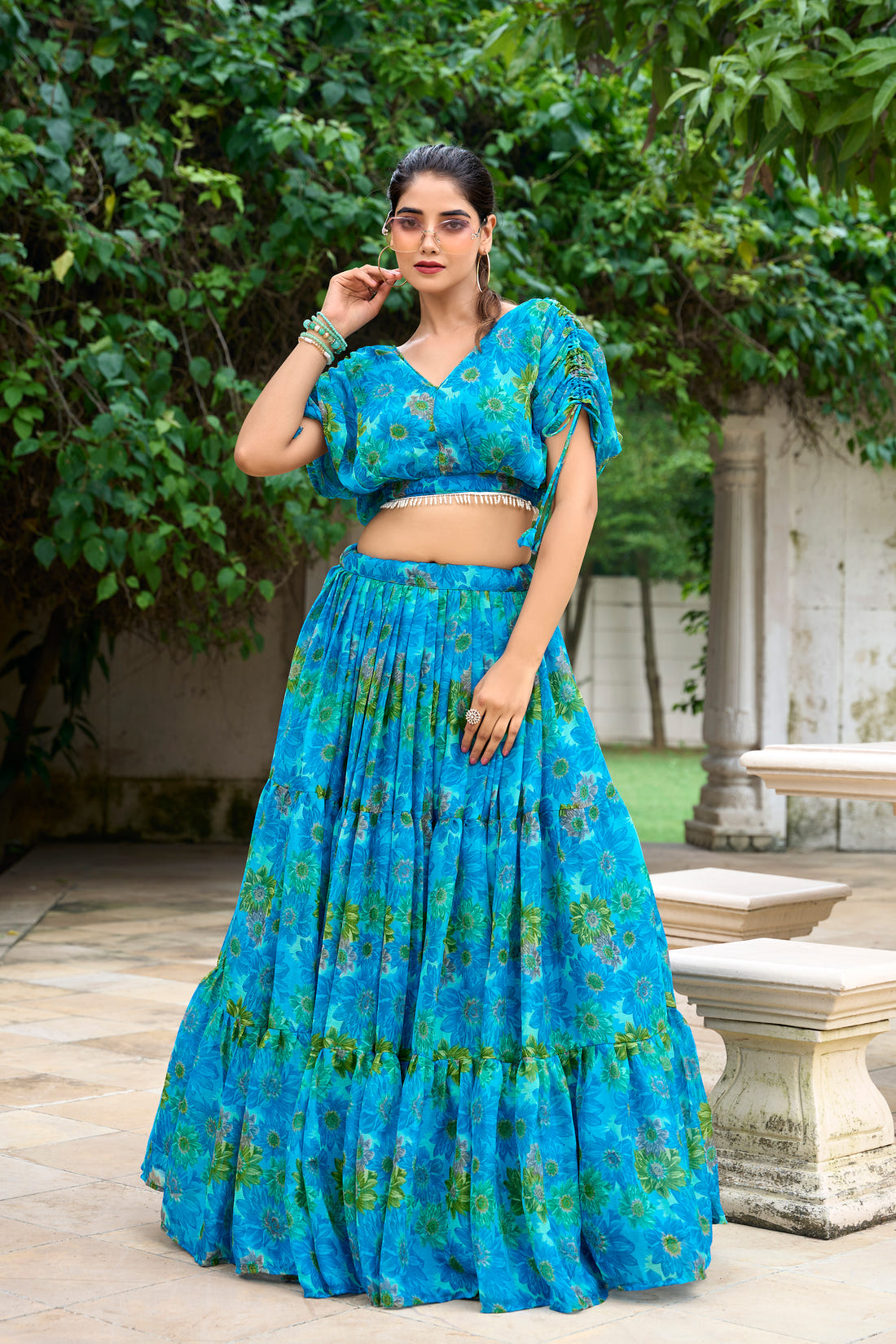 Chiffon Co-ord Set, Floral Lehenga Set, Pearl Work Blouse, Chiffon Lehenga Choli, 9 Meter Flair Lehenga, Canvas Lined Lehenga, Lightweight Co-ord Set, Ready to Wear Lehenga, Ethnic Floral Co-ord Set, Printed Chiffon Lehenga, Stitched Blouse Lehenga, Trending Lehenga Collection, Summer Festive Wear