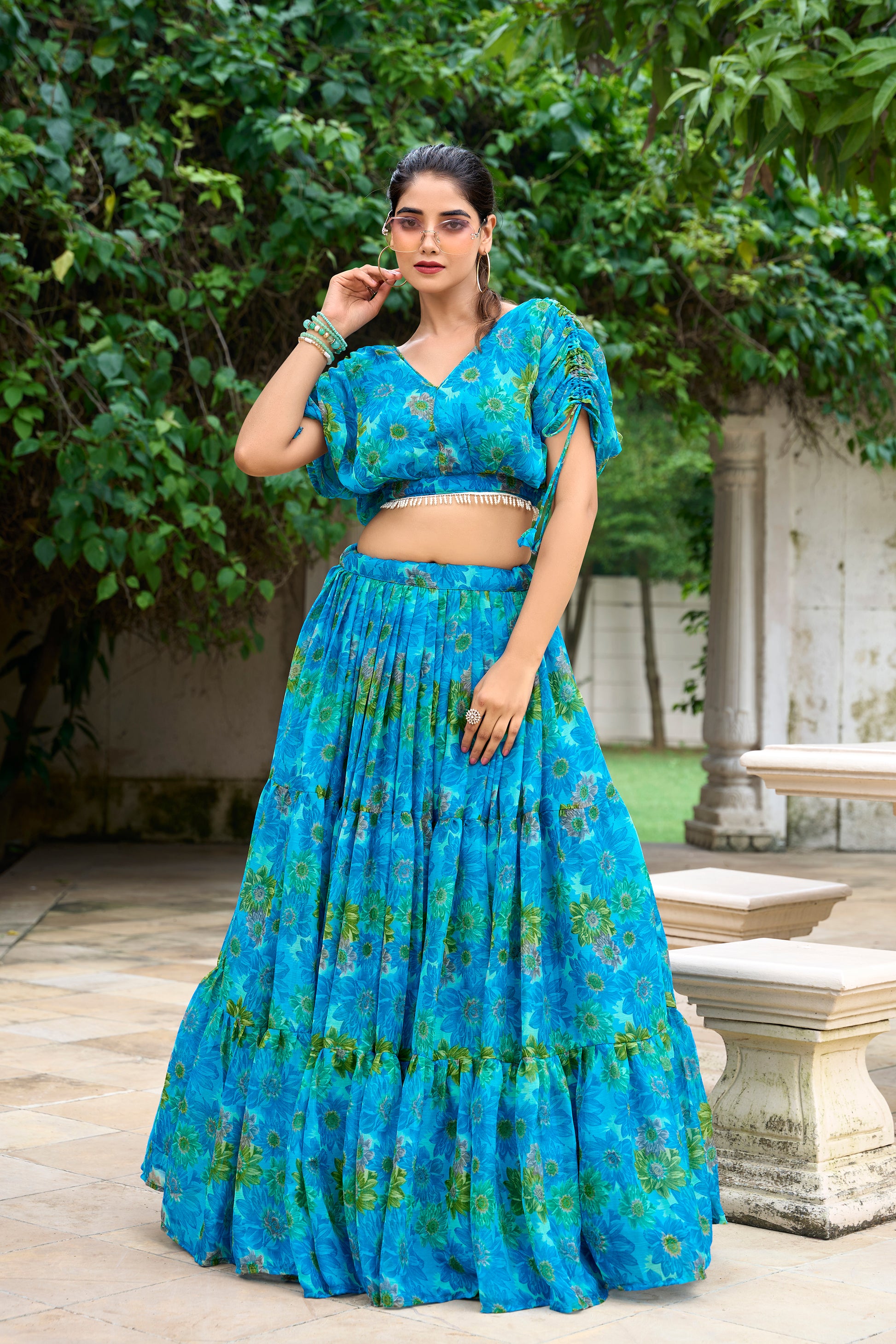 Chiffon Co-ord Set, Floral Lehenga Set, Pearl Work Blouse, Chiffon Lehenga Choli, 9 Meter Flair Lehenga, Canvas Lined Lehenga, Lightweight Co-ord Set, Ready to Wear Lehenga, Ethnic Floral Co-ord Set, Printed Chiffon Lehenga, Stitched Blouse Lehenga, Trending Lehenga Collection, Summer Festive Wear