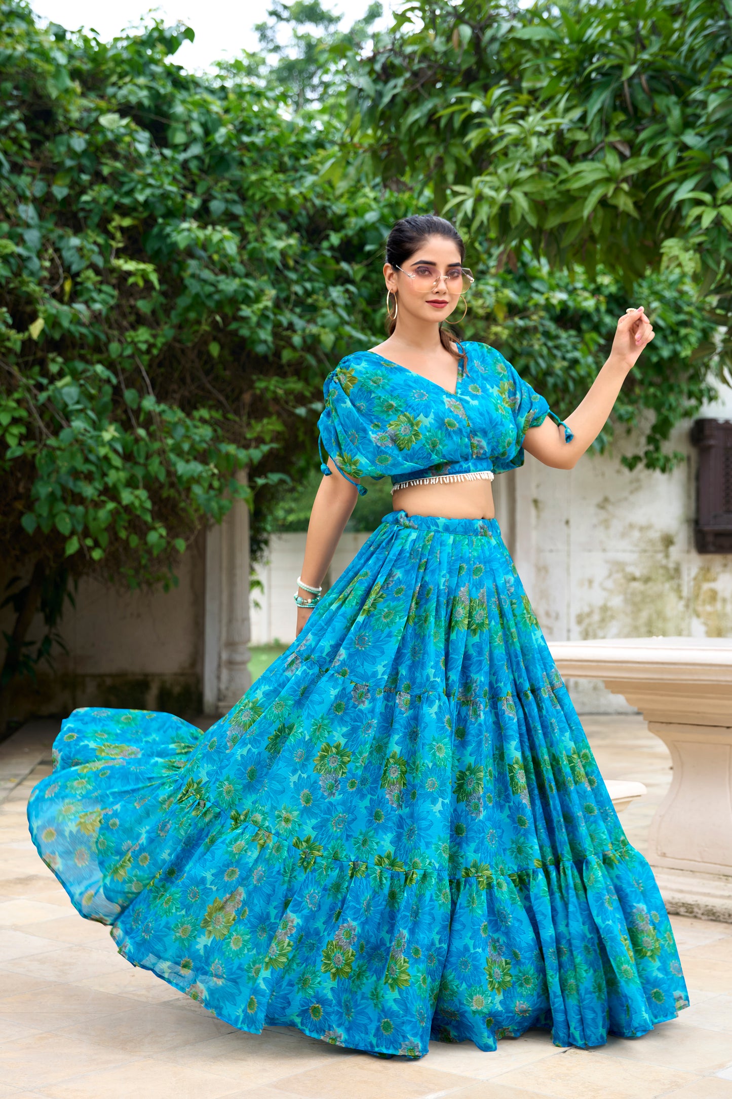 Chiffon Co-ord Set, Floral Lehenga Set, Pearl Work Blouse, Chiffon Lehenga Choli, 9 Meter Flair Lehenga, Canvas Lined Lehenga, Lightweight Co-ord Set, Ready to Wear Lehenga, Ethnic Floral Co-ord Set, Printed Chiffon Lehenga, Stitched Blouse Lehenga, Trending Lehenga Collection, Summer Festive Wear