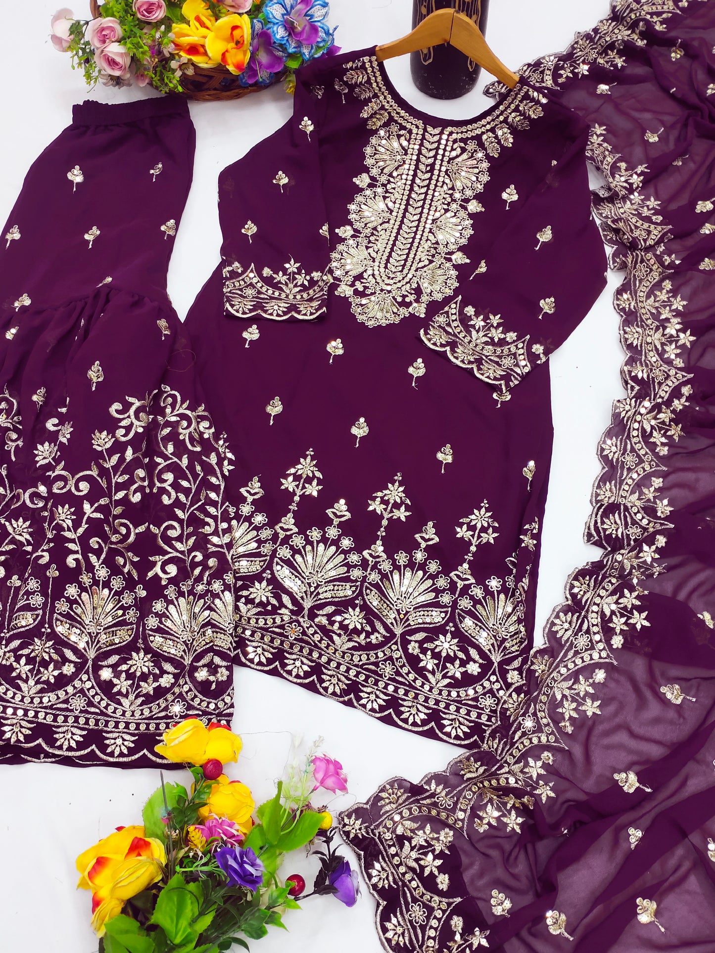 Designer Georgette Sequin-Embroidered Sharara Suit | Party Wear Drape Dress