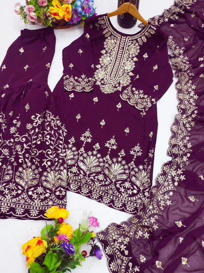 Designer Georgette Sequin-Embroidered Sharara Suit | Party Wear Drape Dress