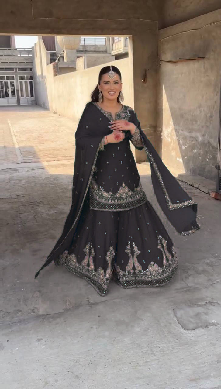 Designer Chinon Sharara Suit with Stunning Sequin Embroidered Work