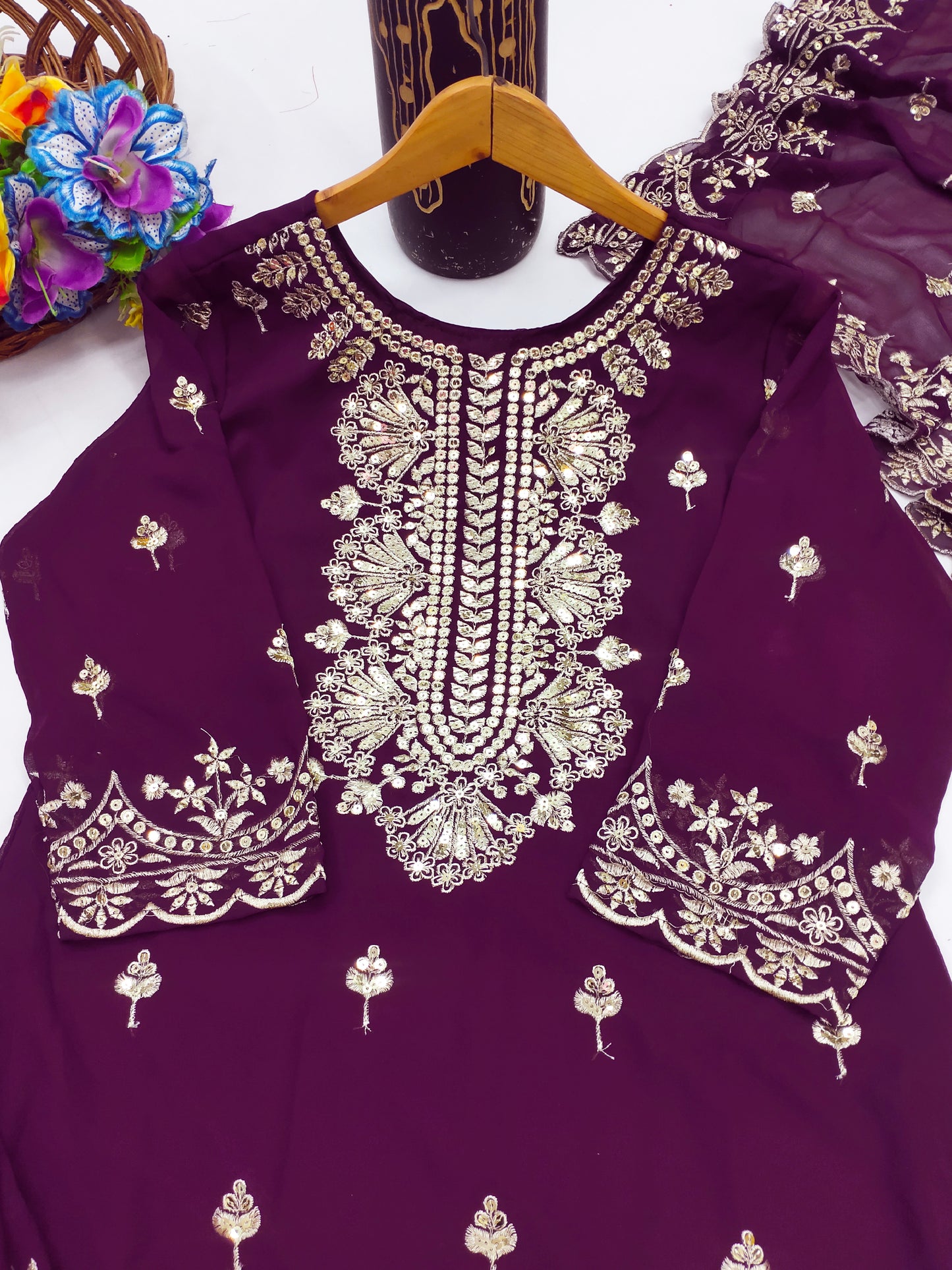Designer Georgette Sequin-Embroidered Sharara Suit | Party Wear Drape Dress