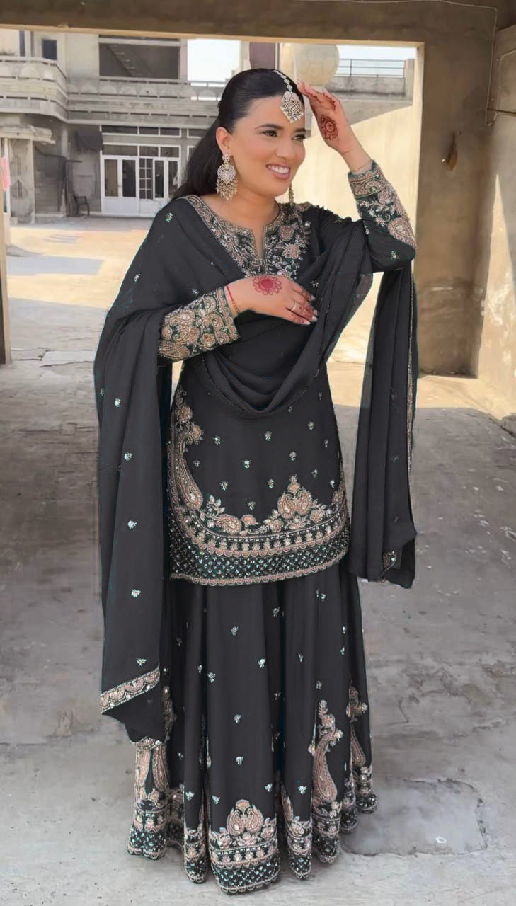 Designer Chinon Sharara Suit with Stunning Sequin Embroidered Work