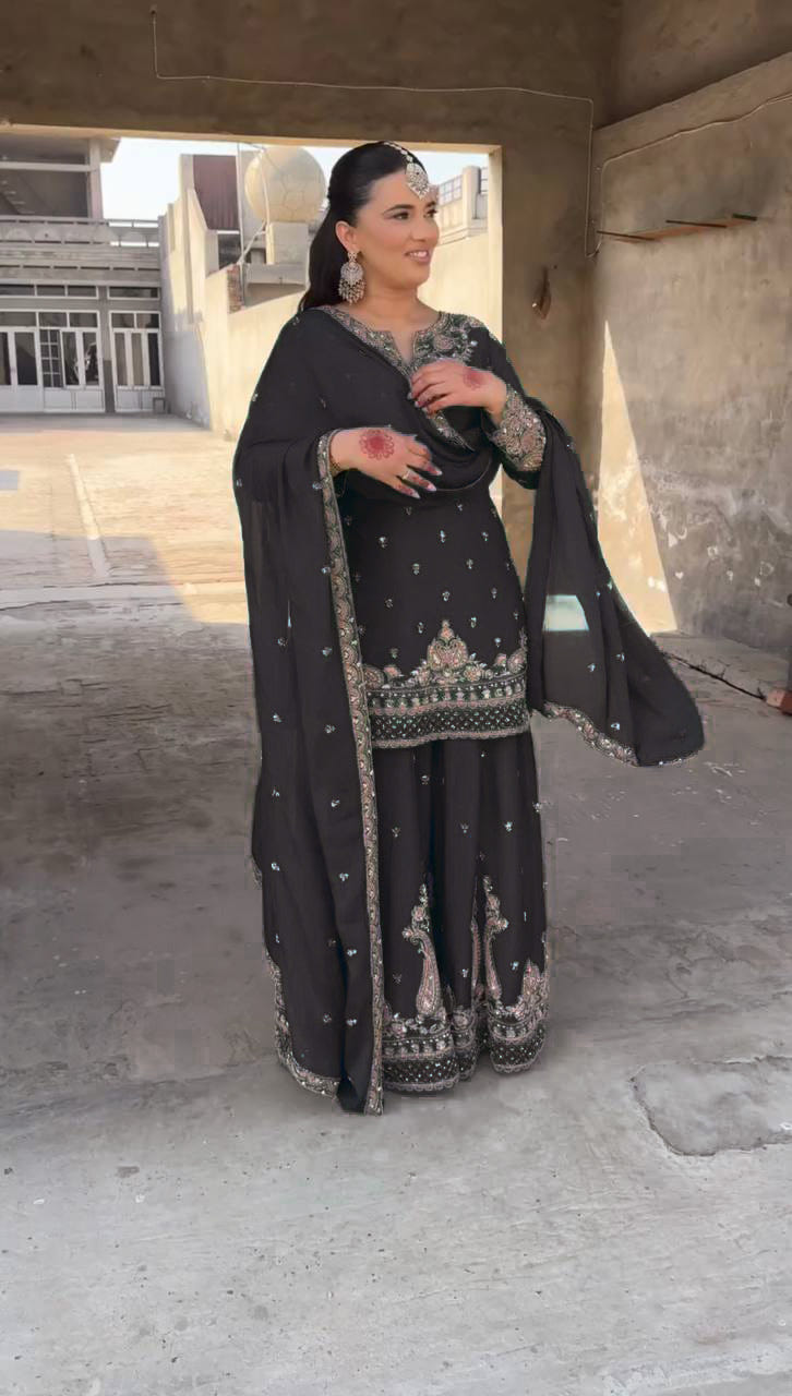 Designer Chinon Sharara Suit with Stunning Sequin Embroidered Work