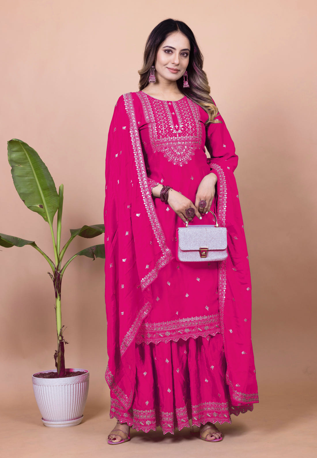 Designer Chinon Sharara Suit with Cording‑Sequin Embroidery | Party‑Wear Ensemble Drape Dress