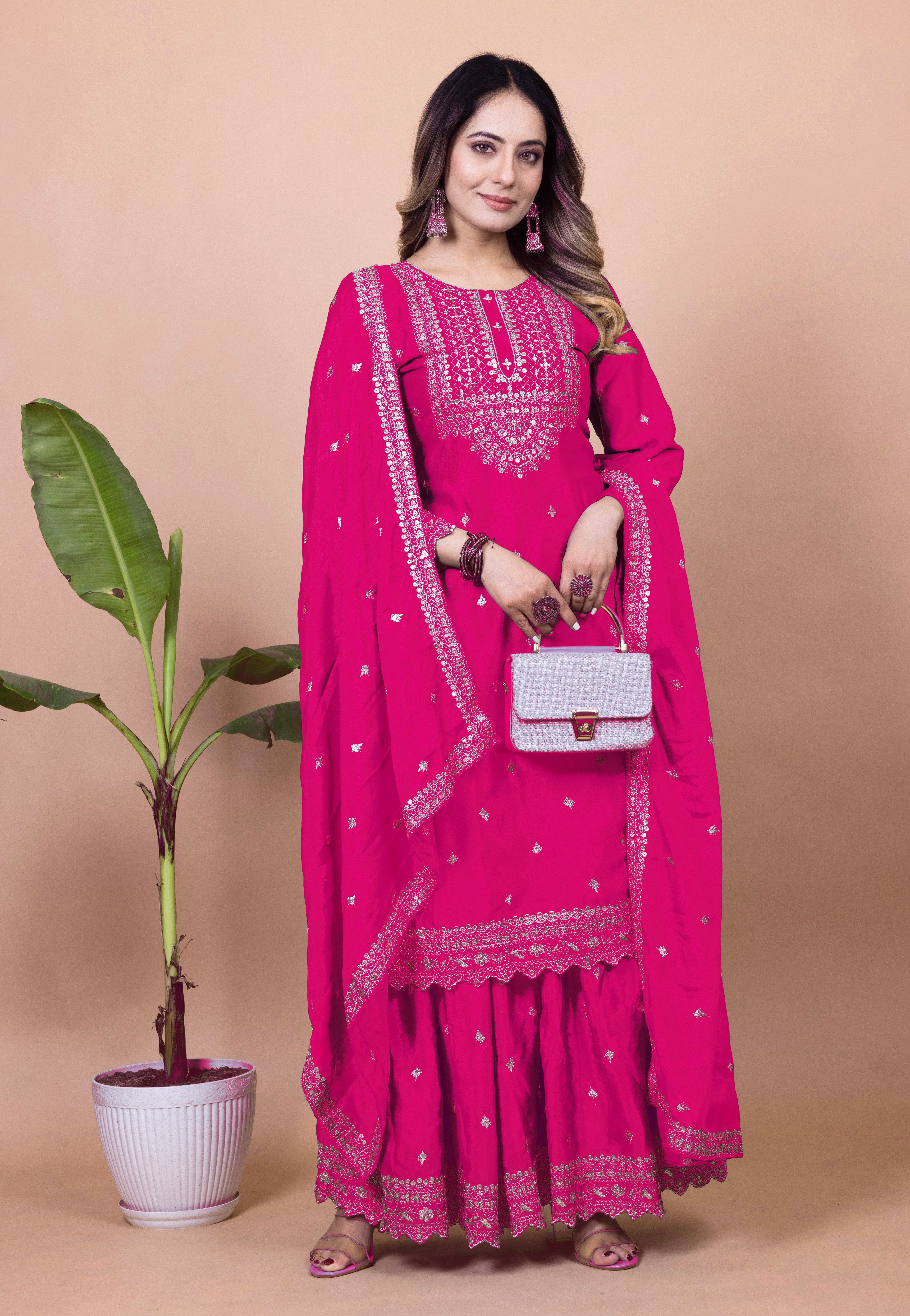 Designer Chinon Sharara Suit with Cording‑Sequin Embroidery | Party‑Wear Ensemble Drape Dress