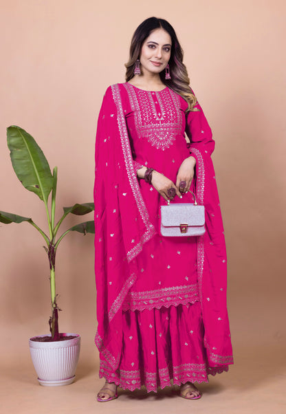 Designer Chinon Sharara Suit with Cording‑Sequin Embroidery | Party‑Wear Ensemble Drape Dress