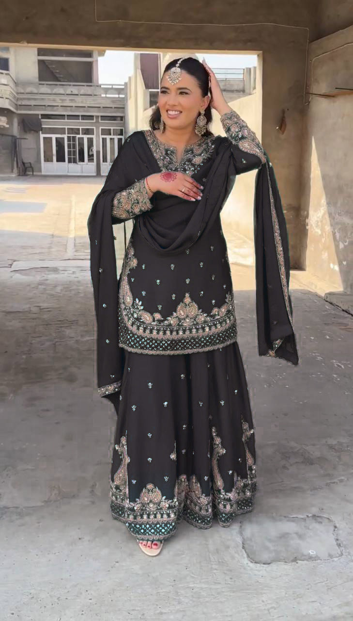 Designer Chinon Sharara Suit with Stunning Sequin Embroidered Work