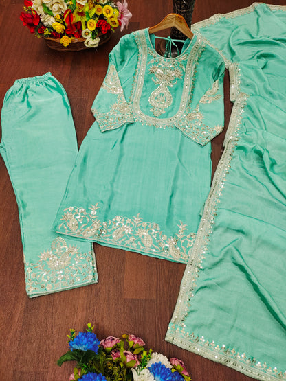 Luxuriant Chinnon Sequence Work Light Green Color Salwar Suit