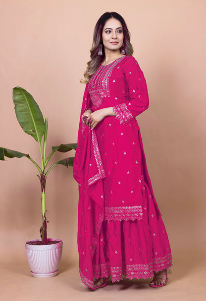 Designer Chinon Sharara Suit with Cording‑Sequin Embroidery | Party‑Wear Ensemble Drape Dress