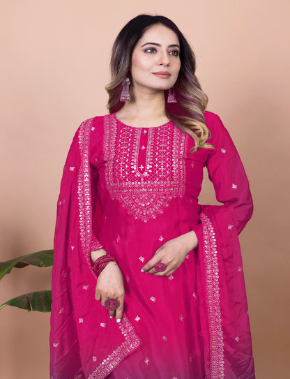 Designer Chinon Sharara Suit with Cording‑Sequin Embroidery | Party‑Wear Ensemble Drape Dress