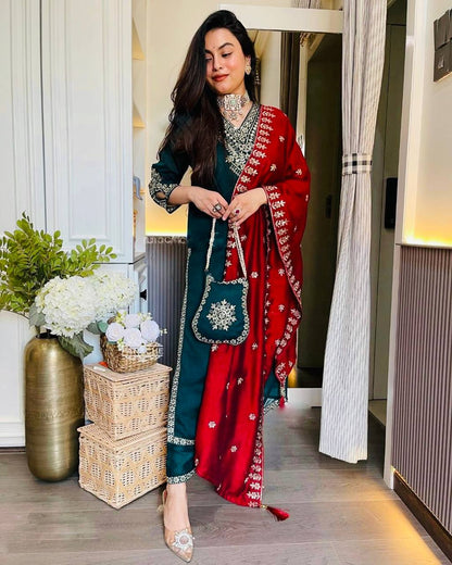 Lovely Peacock Blue Color Chinon Embroidery Work Salwar Suit