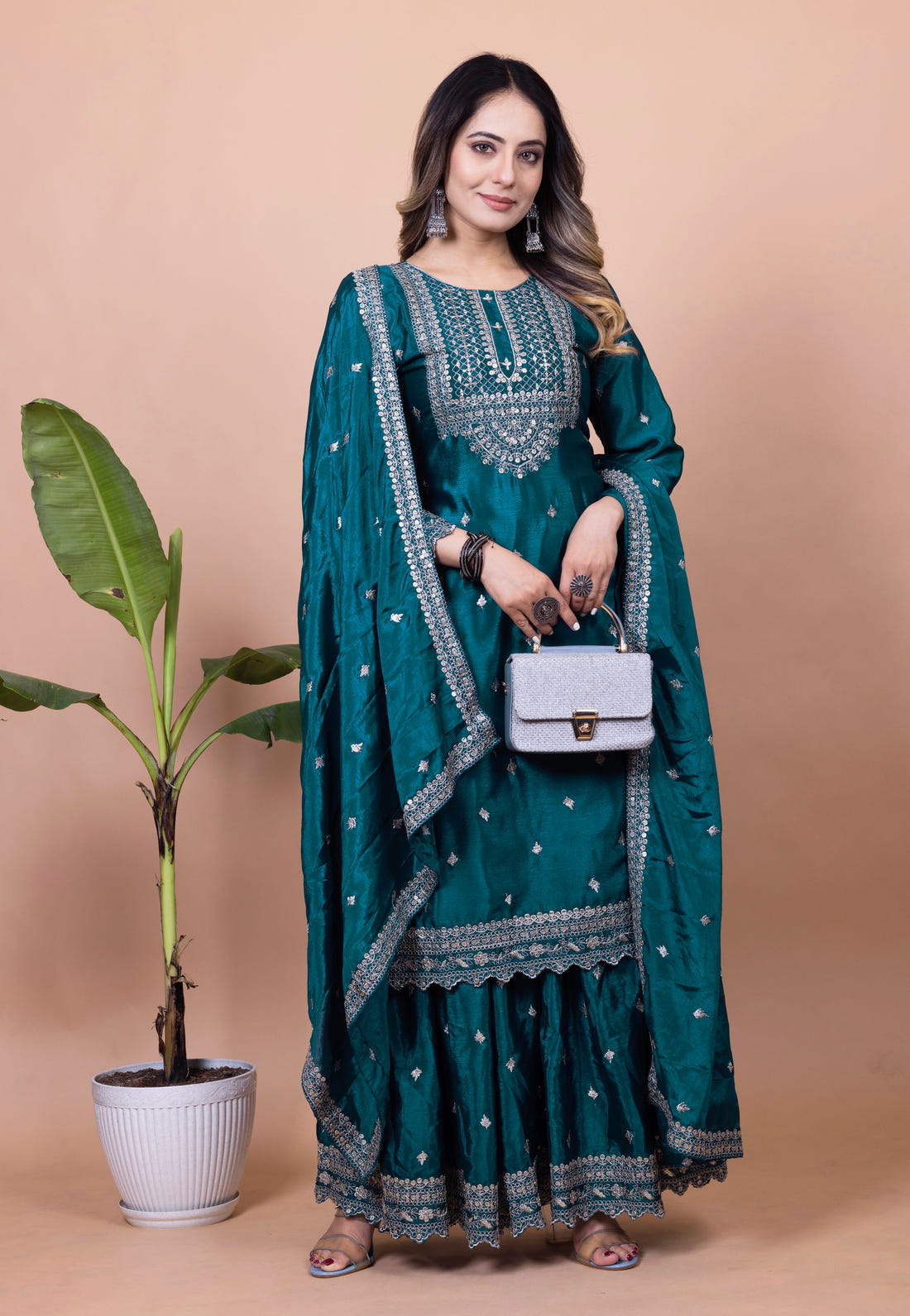 Designer Chinon Sharara Suit with Cording‑Sequin Embroidery | Party‑Wear Ensemble Drape Dress