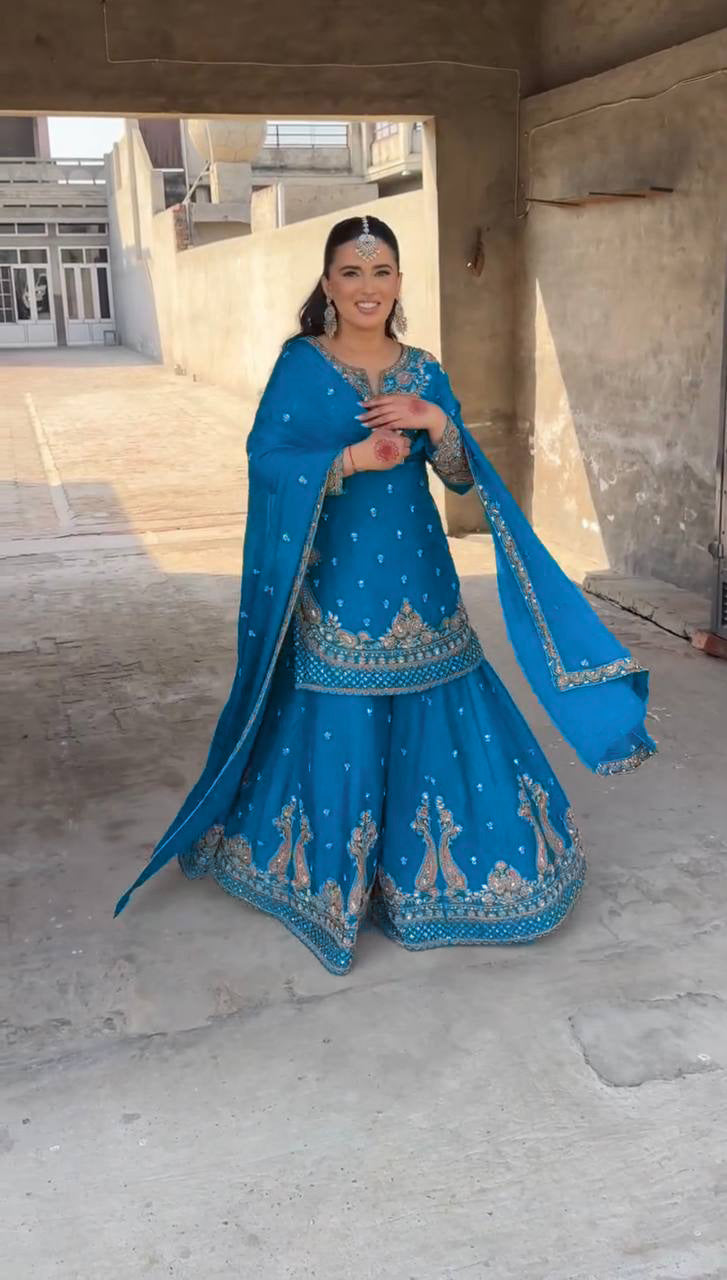 Designer Chinon Sharara Suit with Stunning Sequin Embroidered Work