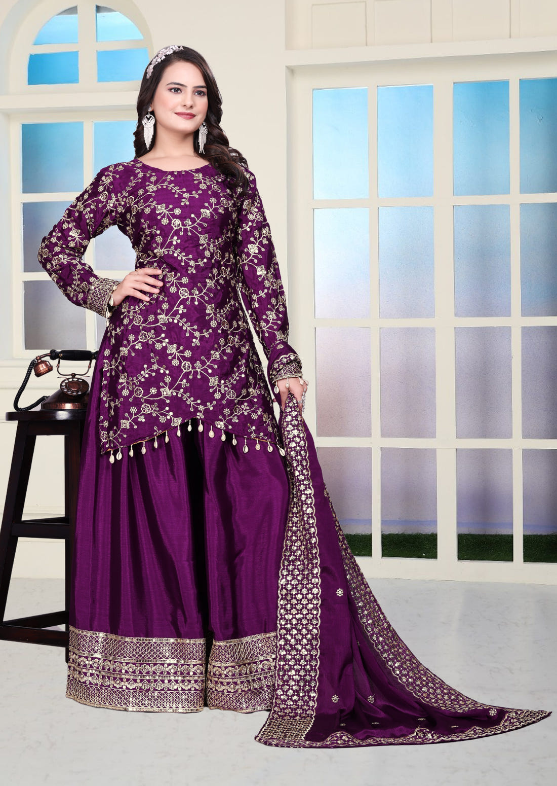 Chinon Sequin Embroidered Sharara Suit – Designer Festive Wear Drape Dress