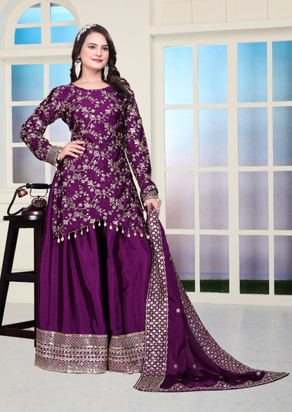 Chinon Sequin Embroidered Sharara Suit – Designer Festive Wear Drape Dress