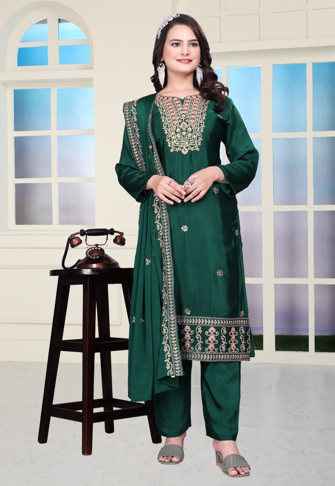 Designer Chinon Sharara Suit with Coding Sequin Embroidery Work Drape Dress