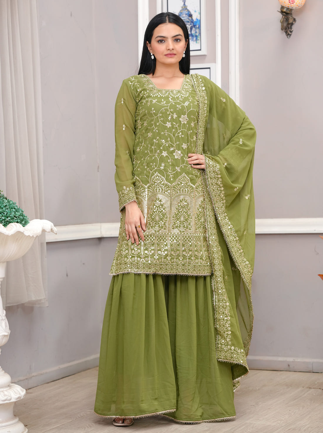 Olive Green Georgette Sharara Suit with Heavy Golden Thread and Sequin Embroidery