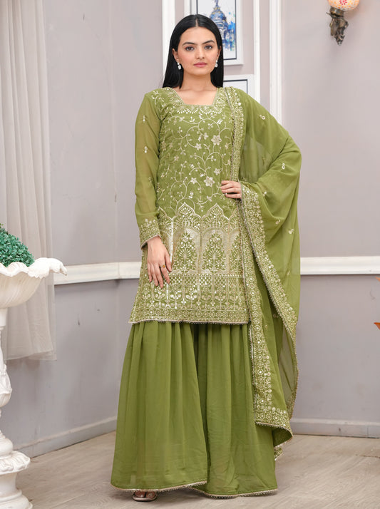 Olive Green Georgette Sharara Suit with Heavy Golden Thread and Sequin Embroidery