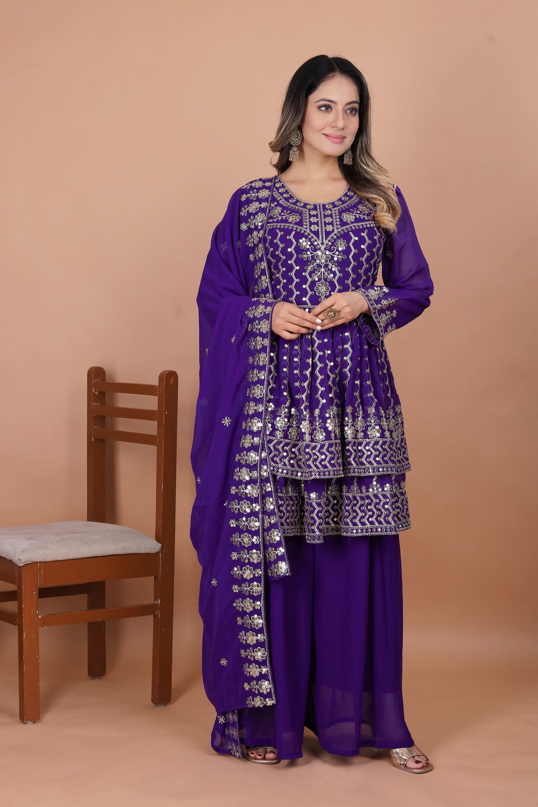 Purple Peplum Style Sharara Suit with Heavy Golden Embroidery and Sequin Detailing