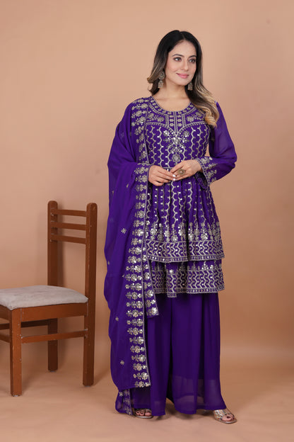 Purple Peplum Style Sharara Suit with Heavy Golden Embroidery and Sequin Detailing