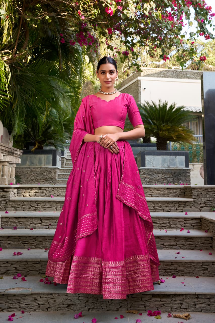 Pure Chanderi Pink Chaniya Choli for Navratri with Zari Weaving Border & Sequins Dupatta