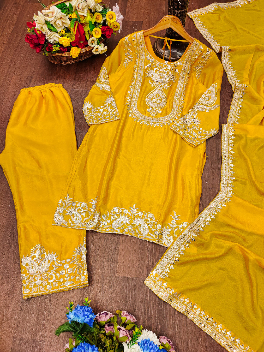 Luxuriant Chinnon Sequence Work Yellow Color Salwar Suit