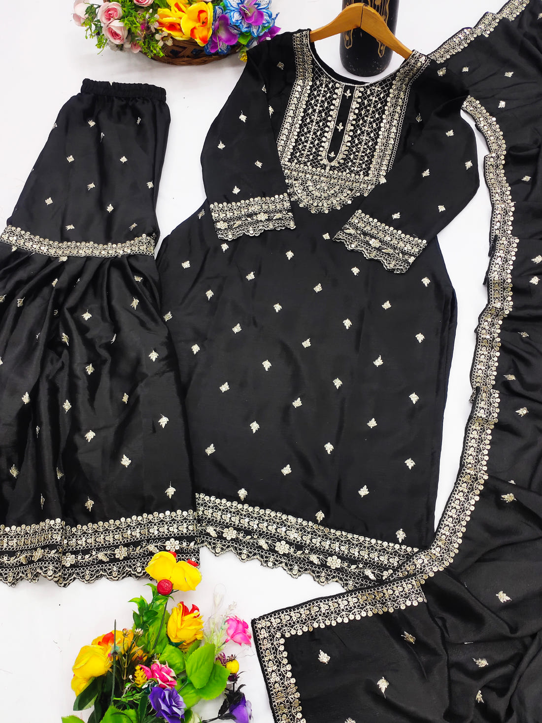 Designer Chinon Sharara Suit with Cording‑Sequin Embroidery | Party‑Wear Ensemble Drape Dress