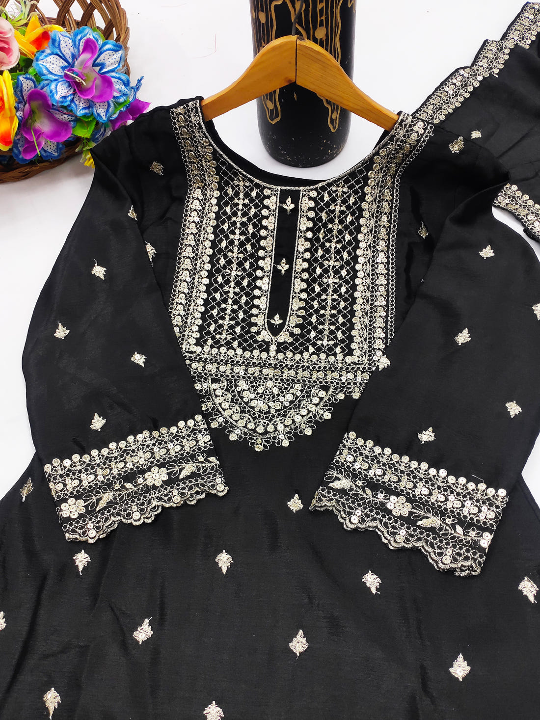 Designer Chinon Sharara Suit with Cording‑Sequin Embroidery | Party‑Wear Ensemble Drape Dress