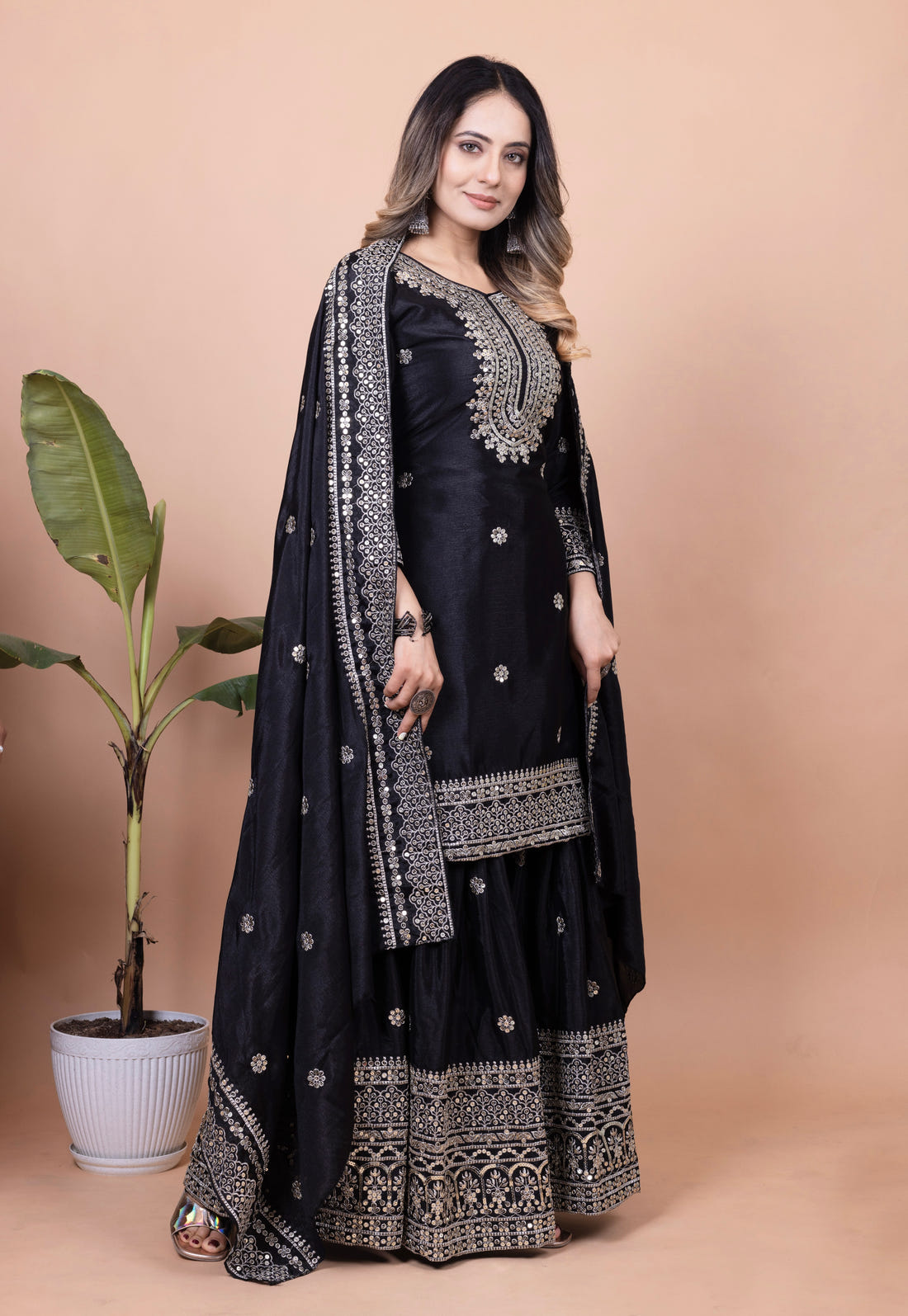 Designer Chinon Sharara Suit with Sequin Embroidery for Weddings Drape Dress