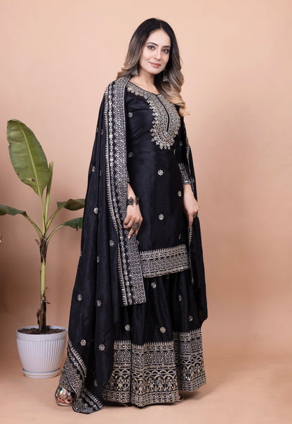 Designer Chinon Sharara Suit with Sequin Embroidery for Weddings Drape Dress