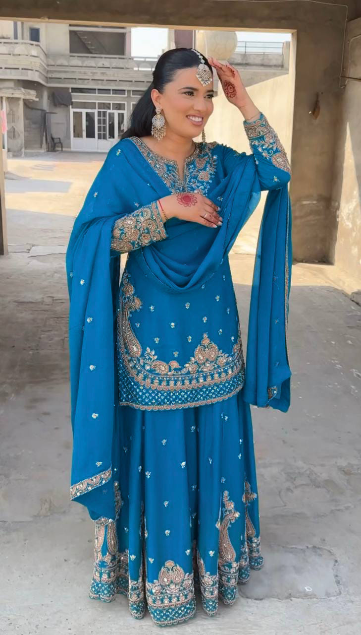 Designer Chinon Sharara Suit with Stunning Sequin Embroidered Work