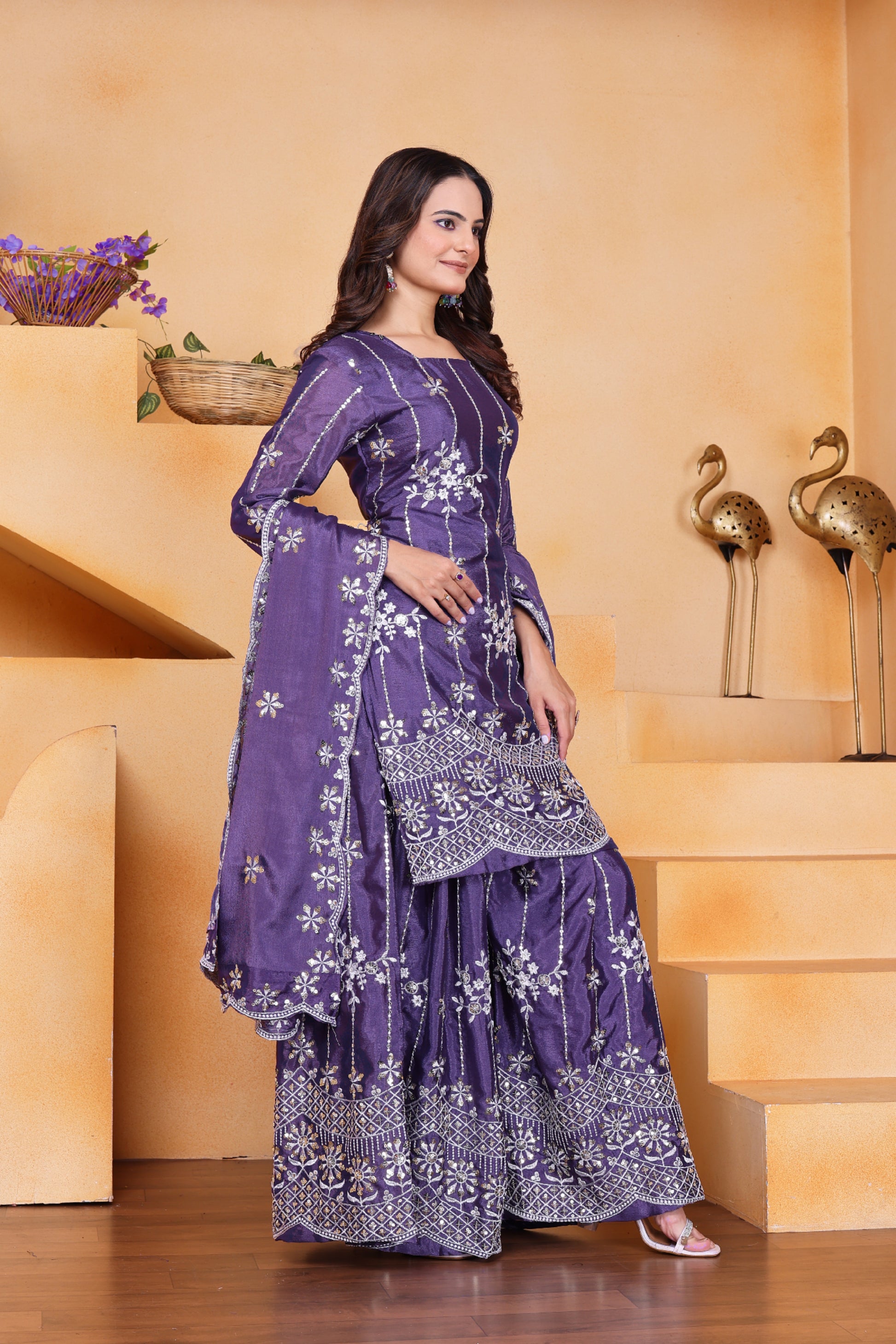Lavender Chinon Sequin Embroidered Sharara Suit with Dupatta
