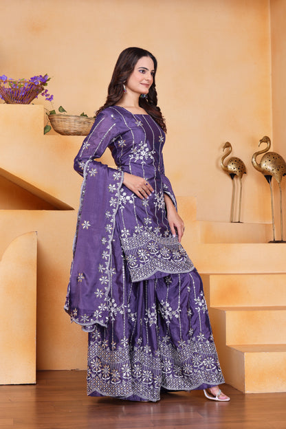 Lavender Chinon Sequin Embroidered Sharara Suit with Dupatta