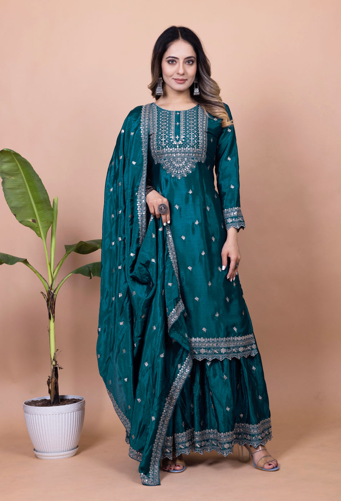 Designer Chinon Sharara Suit with Cording‑Sequin Embroidery | Party‑Wear Ensemble Drape Dress