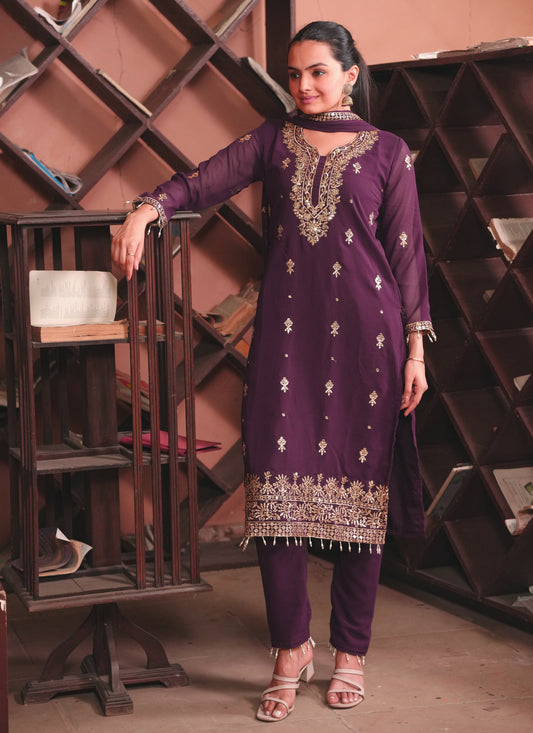 Purple Georgette Kurta Set with Golden Zari Work & Matching Dupatta