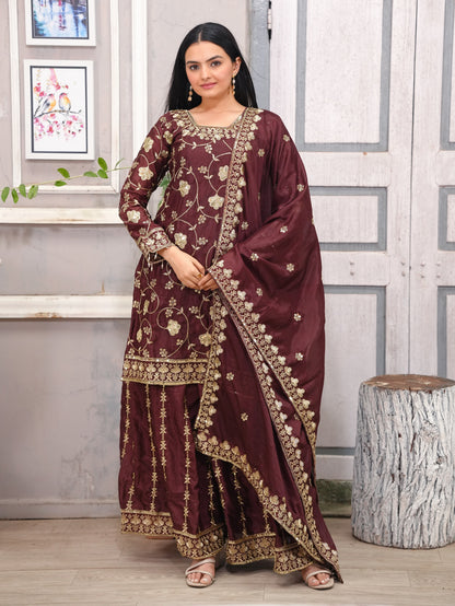 Designer Chinon Sequin-Embroidered Sharara Suit | Festive Party Wear Ensemble Drape Dress