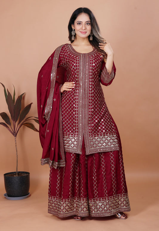 Maroon Silk Sharara Suit with Heavy Mirror Work and Intricate Geometric Embroidery