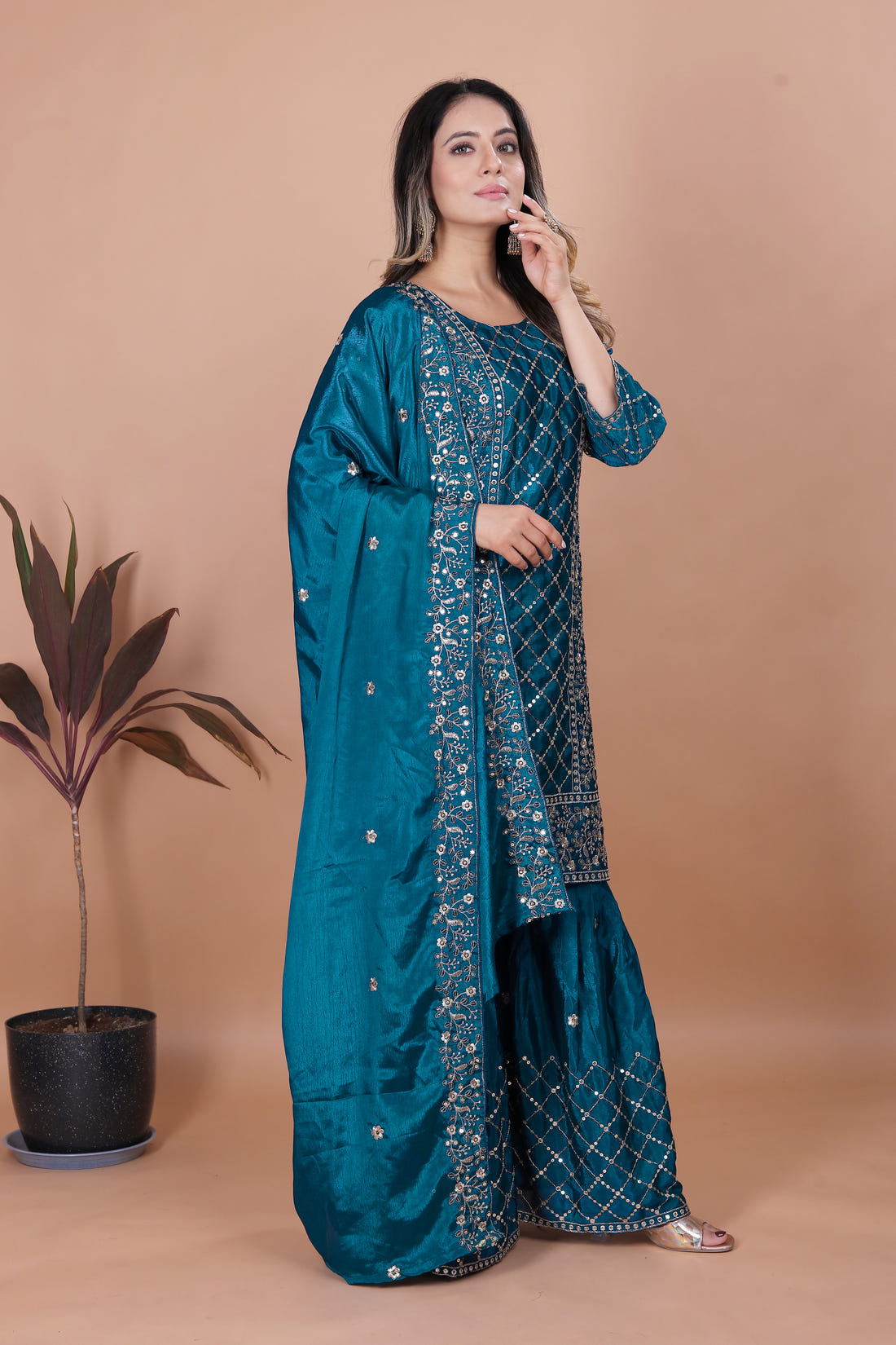 Teal Blue Silk Sharara Suit with Mirror Work and Floral Thread Embroidery