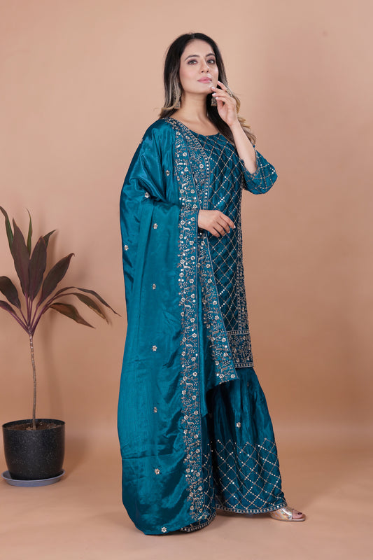Teal Blue Silk Sharara Suit with Mirror Work and Floral Thread Embroidery