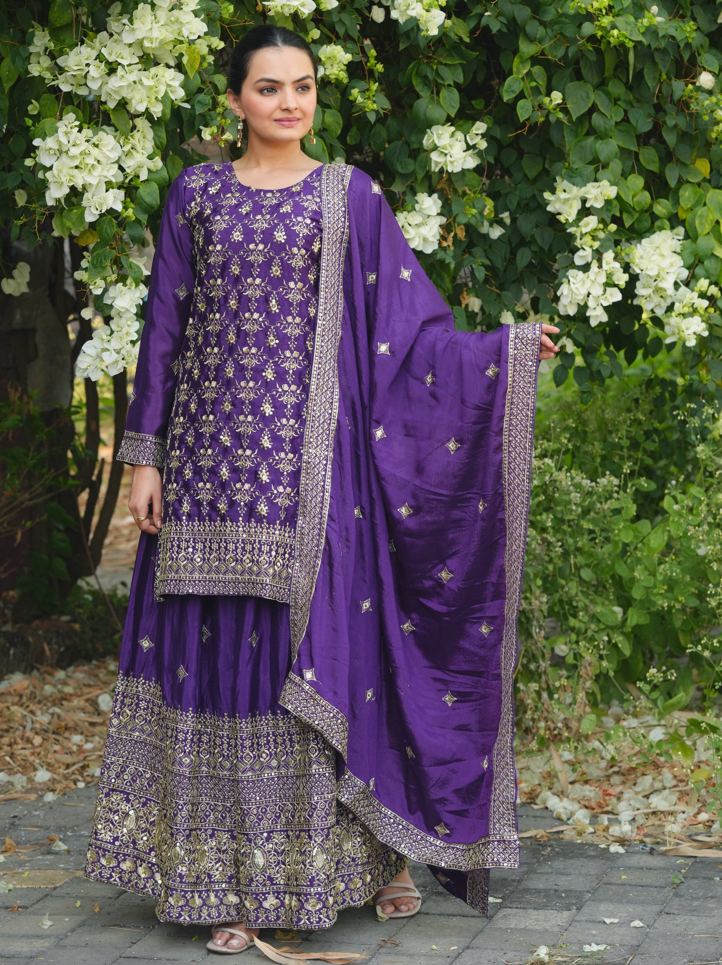 Purple Silk Sharara Suit with Heavy Golden Zari & Sequin Embroidery