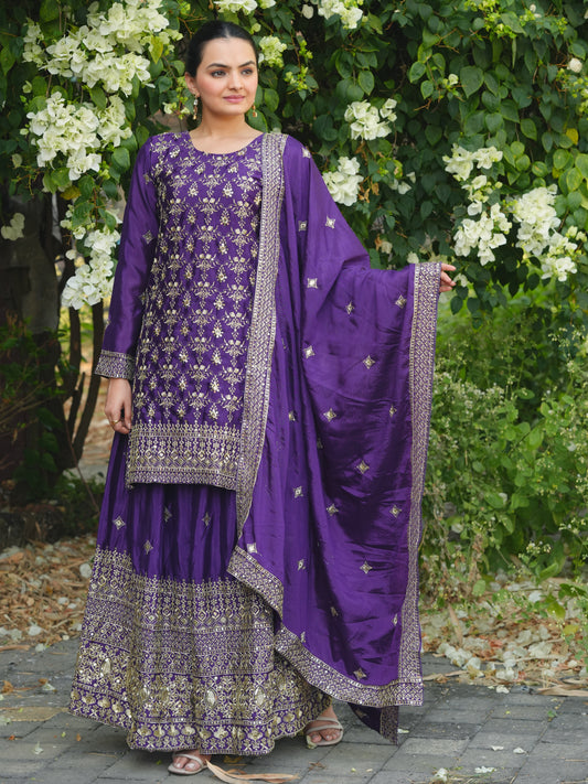Purple Silk Sharara Suit with Heavy Golden Zari & Sequin Embroidery