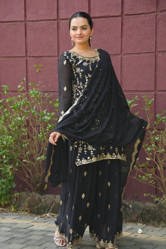 Black Georgette Sharara Suit with Heavy Golden Thread and Sequin Embroidery
