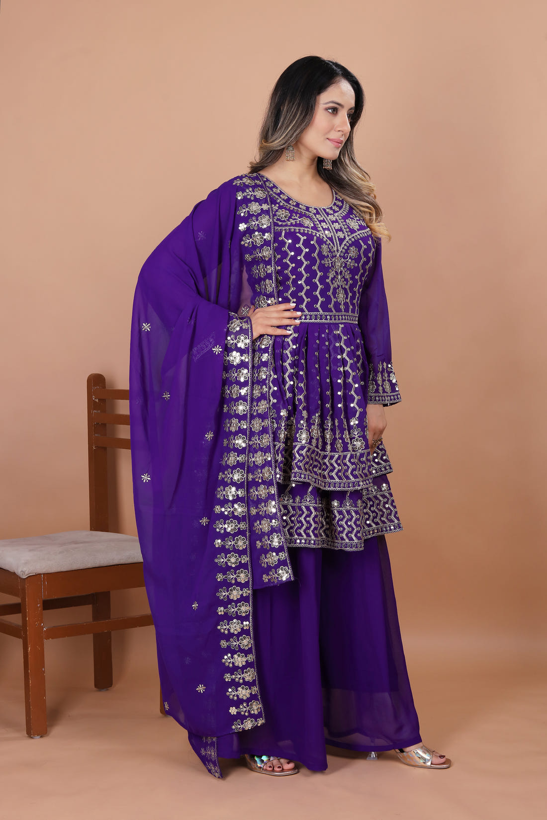Purple Peplum Style Sharara Suit with Heavy Golden Embroidery and Sequin Detailing