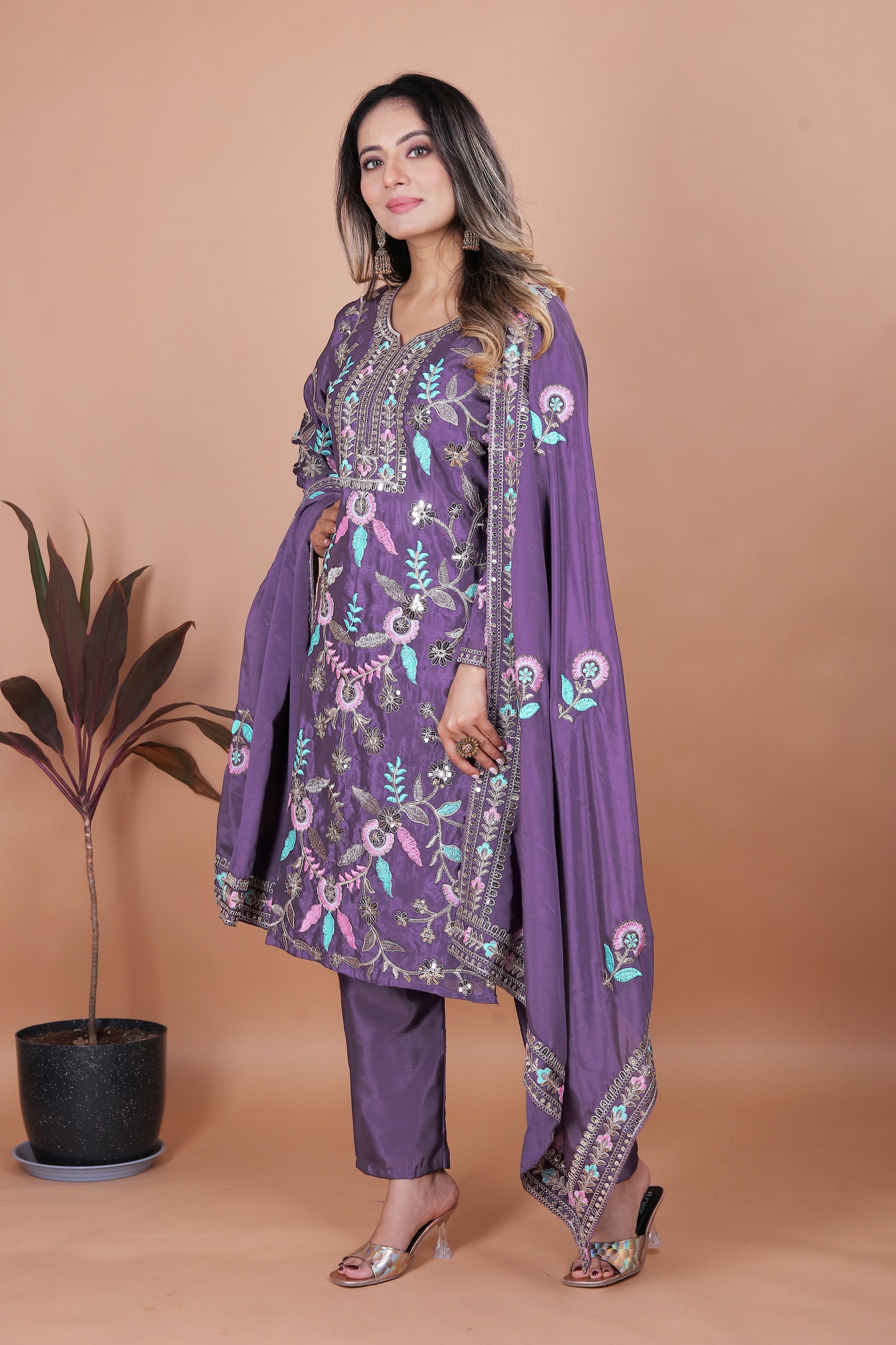 Lavender Silk Straight Suit with Multicolor Thread and Mirror Embroidery