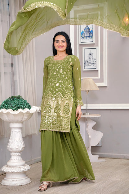 Olive Green Georgette Sharara Suit with Heavy Golden Thread and Sequin Embroidery