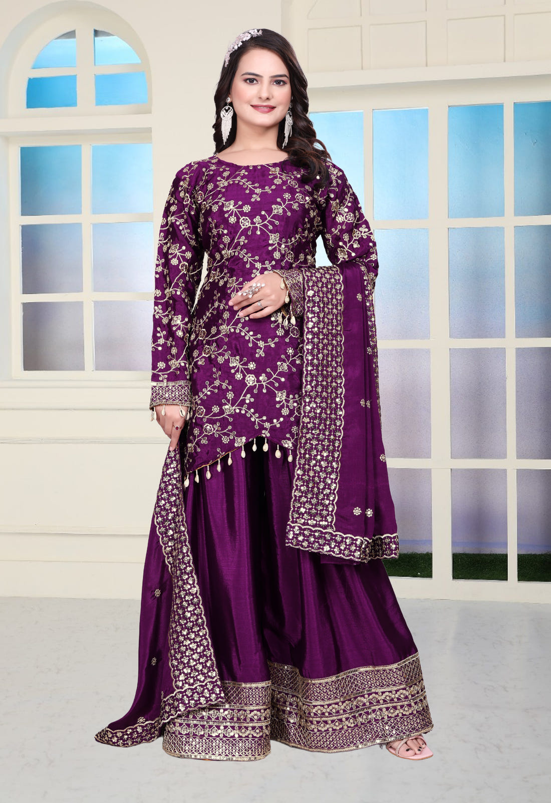 Chinon Sequin Embroidered Sharara Suit – Designer Festive Wear Drape Dress