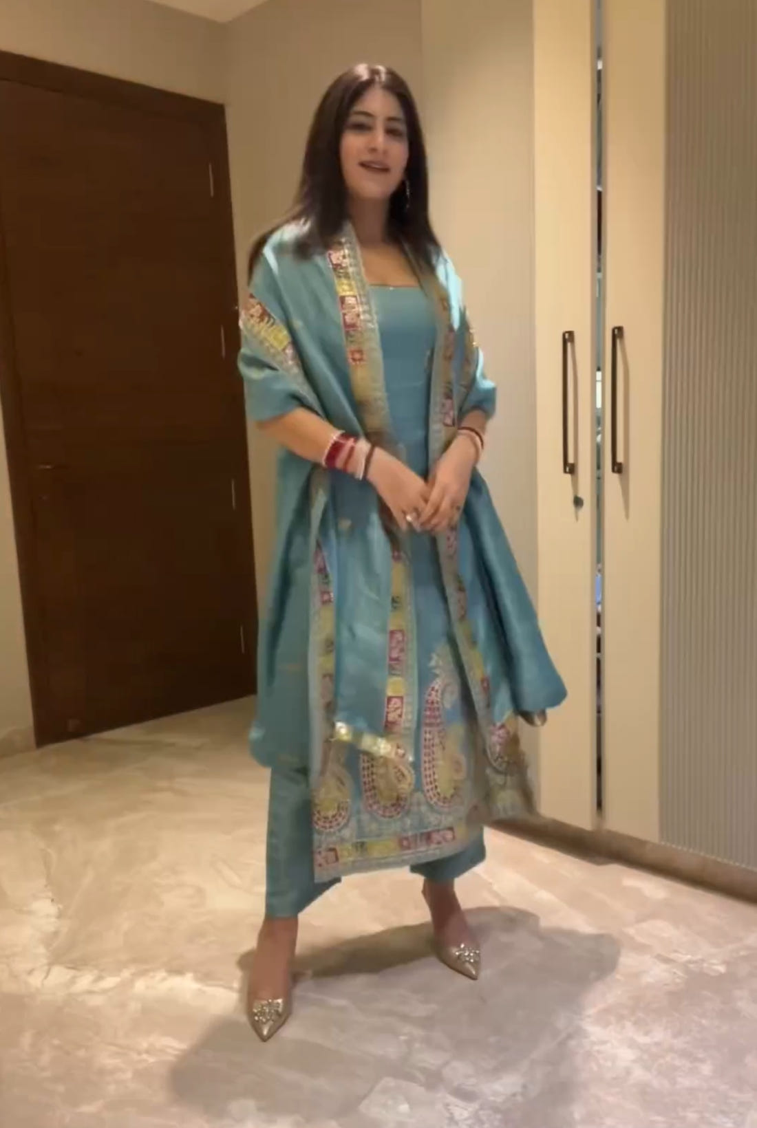 Designer Chinon Sequin-Embroidered Suit | Party-Wear Salwar Kameez Drape Dress