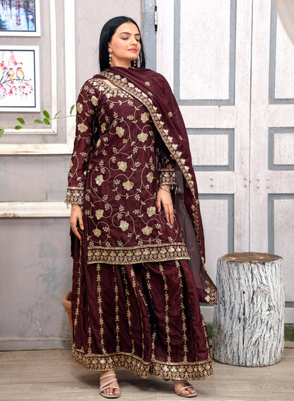 Designer Chinon Sequin-Embroidered Sharara Suit | Festive Party Wear Ensemble Drape Dress